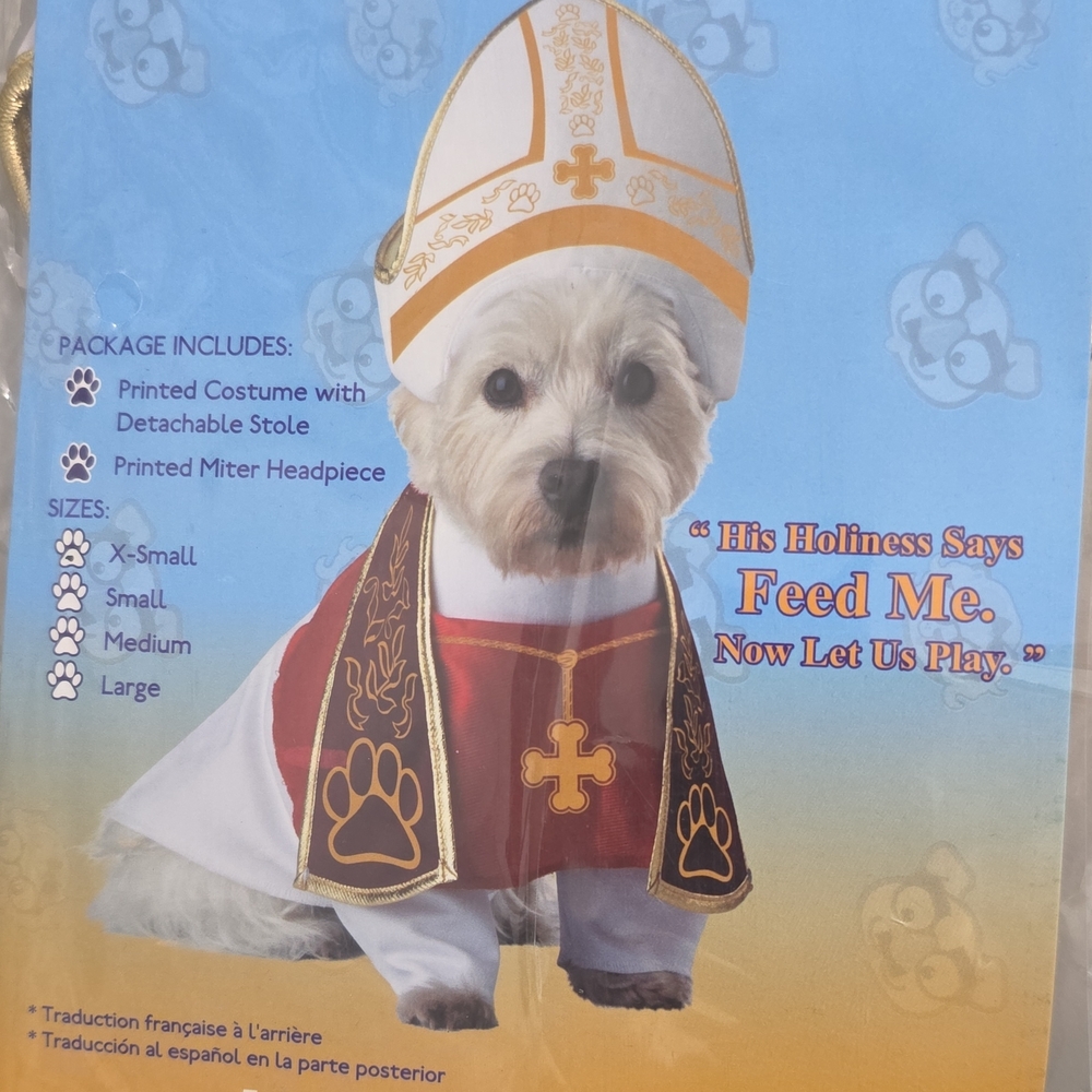 Pet Costume with Printed Miter Headpiece - White and Red